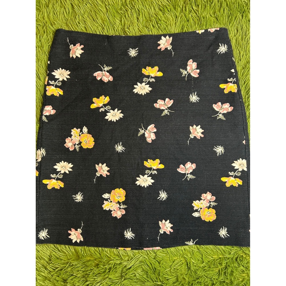 LOFT Outlet Skirt Women 4 Black Floral Mini A-Line Cotton Blend Textured Stretch